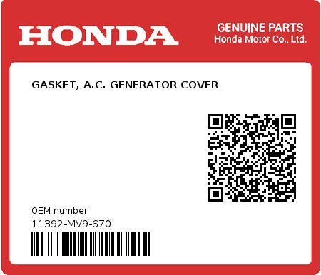 Product image: Honda - 11392-MV9-670 - GASKET, A.C. GENERATOR COVER  0