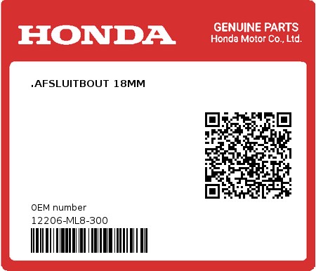 Product image: Honda - 12206-ML8-300 - .AFSLUITBOUT 18MM  0