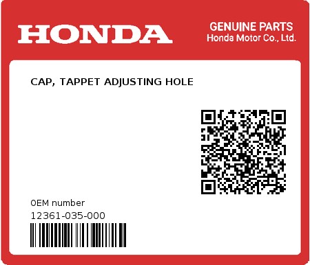Product image: Honda - 12361-035-000 - CAP, TAPPET ADJUSTING HOLE  0