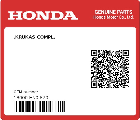 Product image: Honda - 13000-HN0-670 - .KRUKAS COMPL.  0
