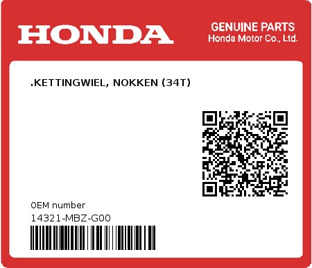 Product image: Honda - 14321-MBZ-G00 - .KETTINGWIEL, NOKKEN (34T)  0