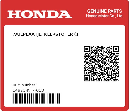 Product image: Honda - 14921-KT7-013 - .VULPLAATJE, KLEPSTOTER (1  0
