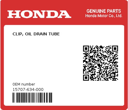 Product image: Honda - 15707-634-000 - CLIP, OIL DRAIN TUBE  0