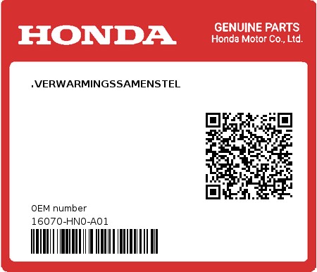 Product image: Honda - 16070-HN0-A01 - .VERWARMINGSSAMENSTEL  0