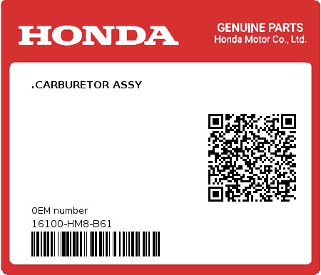 Product image: Honda - 16100-HM8-B61 - .CARBURETOR ASSY  0