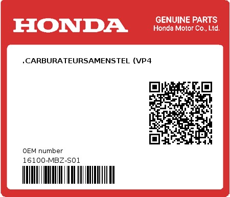 Product image: Honda - 16100-MBZ-S01 - .CARBURATEURSAMENSTEL (VP4  0