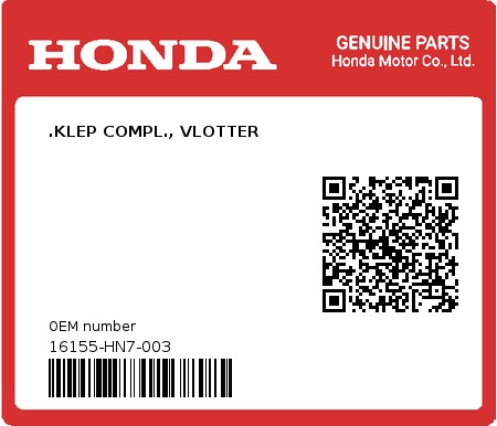 Product image: Honda - 16155-HN7-003 - .KLEP COMPL., VLOTTER  0