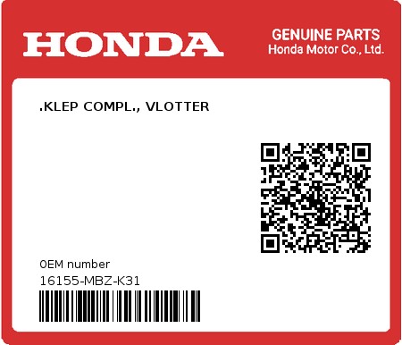 Product image: Honda - 16155-MBZ-K31 - .KLEP COMPL., VLOTTER  0