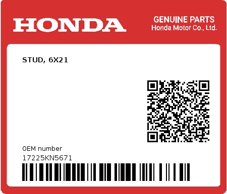 Product image: Honda - 17225KN5671 - STUD, 6X21  0
