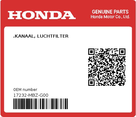 Product image: Honda - 17232-MBZ-G00 - .KANAAL, LUCHTFILTER  0