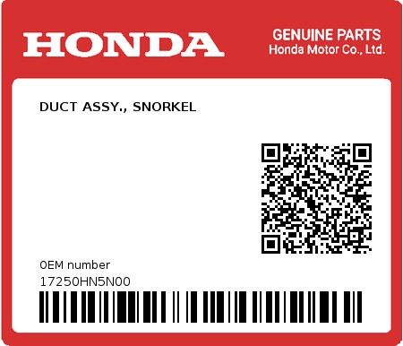 Product image: Honda - 17250HN5N00 - DUCT ASSY., SNORKEL  0