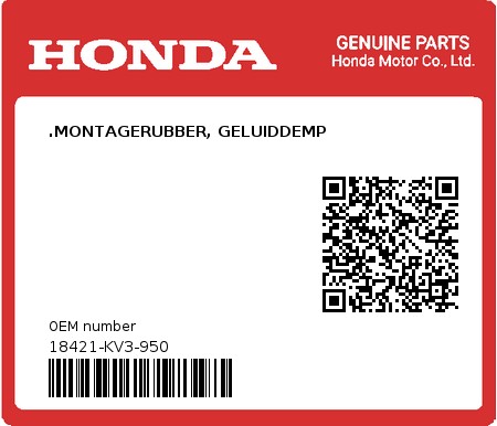 Product image: Honda - 18421-KV3-950 - .MONTAGERUBBER, GELUIDDEMP  0