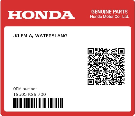 Product image: Honda - 19505-KS6-700 - .KLEM A, WATERSLANG  0