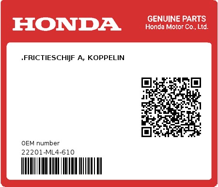 Product image: Honda - 22201-ML4-610 - .FRICTIESCHIJF A, KOPPELIN  0