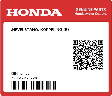 Product image: Honda - 22366-MAL-600 - .HEVELSTANG, KOPPELING (B)  0