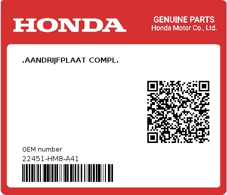 Product image: Honda - 22451-HM8-A41 - .AANDRIJFPLAAT COMPL.  0