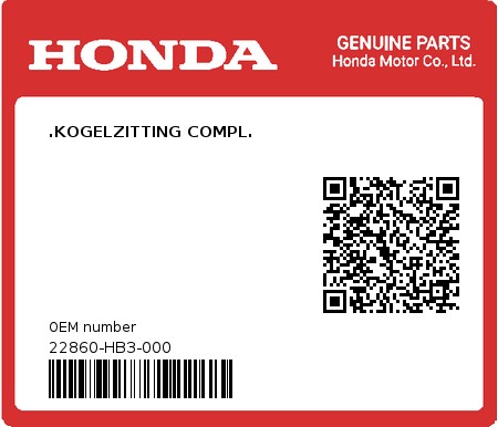 Product image: Honda - 22860-HB3-000 - .KOGELZITTING COMPL.  0