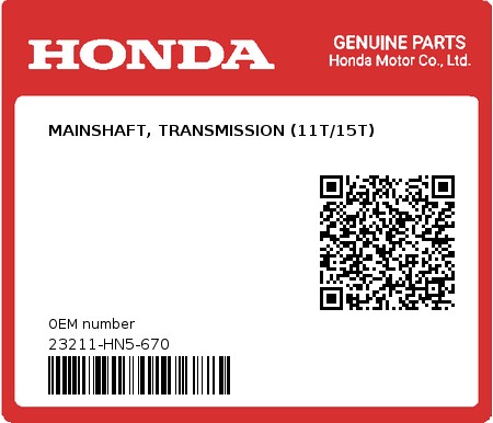Product image: Honda - 23211-HN5-670 - MAINSHAFT, TRANSMISSION (11T/15T)  0