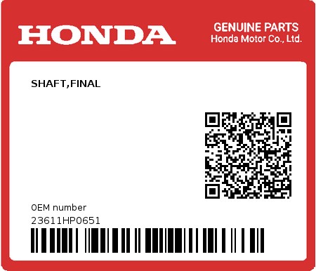 Product image: Honda - 23611HP0651 - SHAFT,FINAL  0