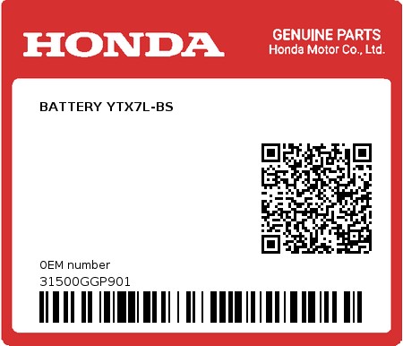 Product image: Honda - 31500GGP901 - BATTERY YTX7L-BS  0