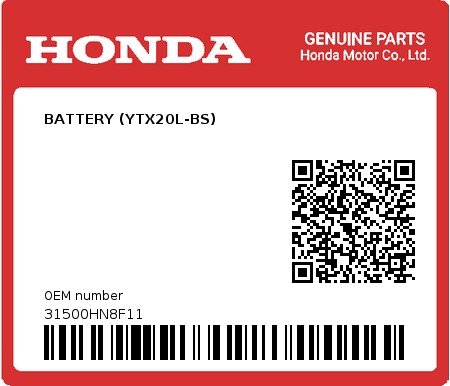 Product image: Honda - 31500HN8F11 - BATTERY (YTX20L-BS)  0