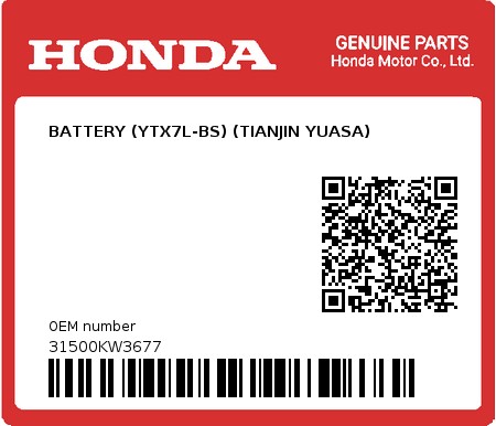 Product image: Honda - 31500KW3677 - BATTERY (YTX7L-BS) (TIANJIN YUASA)  0