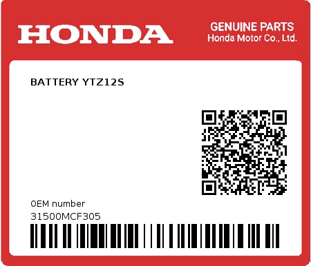 Product image: Honda - 31500MCF305 - BATTERY YTZ12S  0