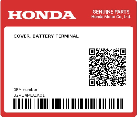 Product image: Honda - 32414MBZK01 - COVER, BATTERY TERMINAL  0