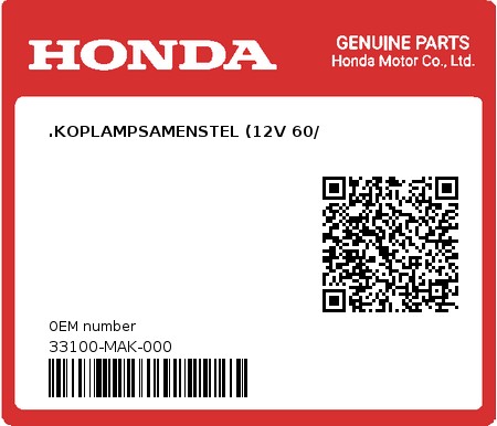 Product image: Honda - 33100-MAK-000 - .KOPLAMPSAMENSTEL (12V 60/  0