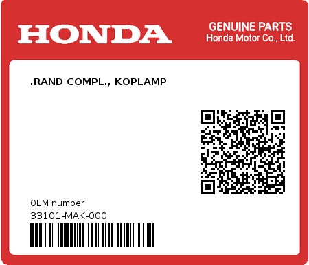 Product image: Honda - 33101-MAK-000 - .RAND COMPL., KOPLAMP  0