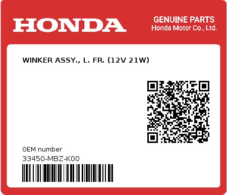 Product image: Honda - 33450-MBZ-K00 - WINKER ASSY., L. FR. (12V 21W)  0