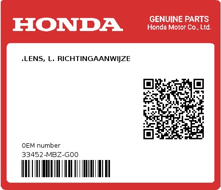 Product image: Honda - 33452-MBZ-G00 - .LENS, L. RICHTINGAANWIJZE  0