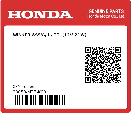 Product image: Honda - 33650-MBZ-K00 - WINKER ASSY., L. RR. (12V 21W)  0