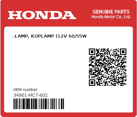 Product image: Honda - 34901-MC7-602 - .LAMP, KOPLAMP (12V 60/55W  0