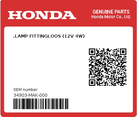 Product image: Honda - 34903-MAK-000 - .LAMP FITTINGLOOS (12V 4W)  0