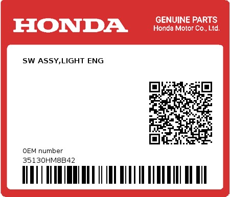 Product image: Honda - 35130HM8B42 - SW ASSY,LIGHT ENG  0