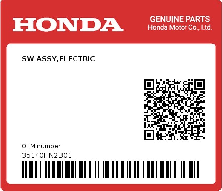 Product image: Honda - 35140HN2B01 - SW ASSY,ELECTRIC  0