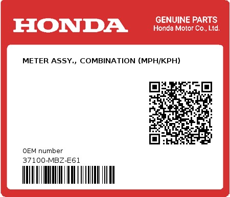 Product image: Honda - 37100-MBZ-E61 - METER ASSY., COMBINATION (MPH/KPH)  0