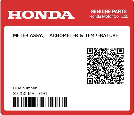 Product image: Honda - 37250-MBZ-G91 - METER ASSY., TACHOMETER & TEMPERATURE  0