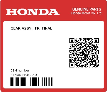 Product image: Honda - 41400-HN8-A40 - GEAR ASSY., FR. FINAL  0