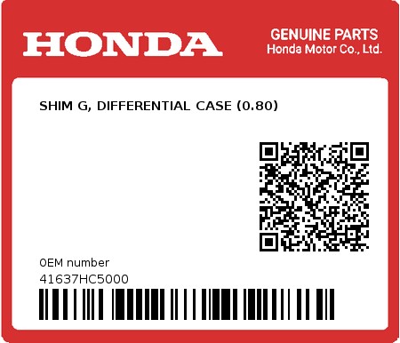 Product image: Honda - 41637HC5000 - SHIM G, DIFFERENTIAL CASE (0.80)  0