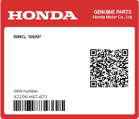 Product image: Honda - 42206-HA7-671 - RING, SNAP  0