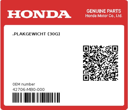 Product image: Honda - 42706-MB0-000 - .PLAKGEWICHT (30G)  0