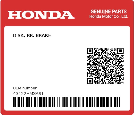 Product image: Honda - 43122HM3A61 - DISK, RR. BRAKE  0