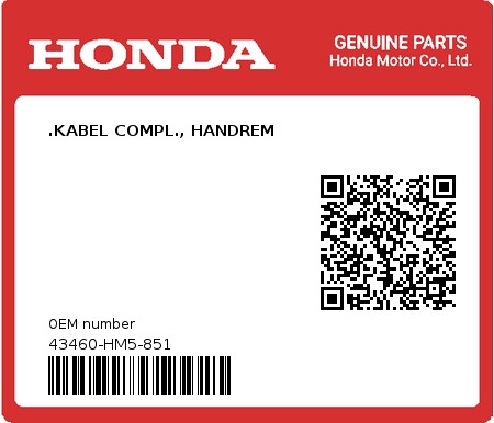 Product image: Honda - 43460-HM5-851 - .KABEL COMPL., HANDREM  0
