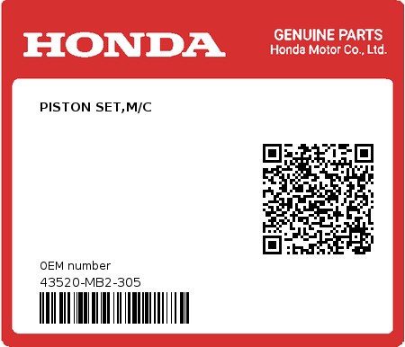Product image: Honda - 43520-MB2-305 - PISTON SET,M/C  0