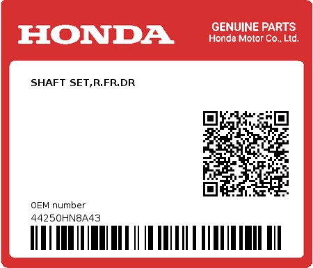 Product image: Honda - 44250HN8A43 - SHAFT SET,R.FR.DR  0