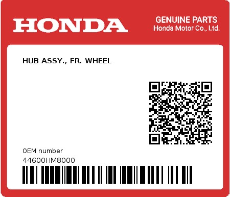 Product image: Honda - 44600HM8000 - HUB ASSY., FR. WHEEL  0