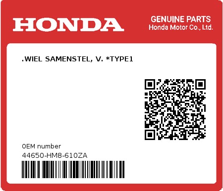 Product image: Honda - 44650-HM8-610ZA - .WIEL SAMENSTEL, V. *TYPE1  0