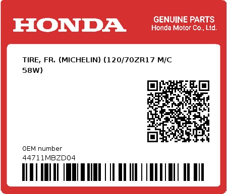 Product image: Honda - 44711MBZD04 - TIRE, FR. (MICHELIN) (120/70ZR17 M/C 58W)  0